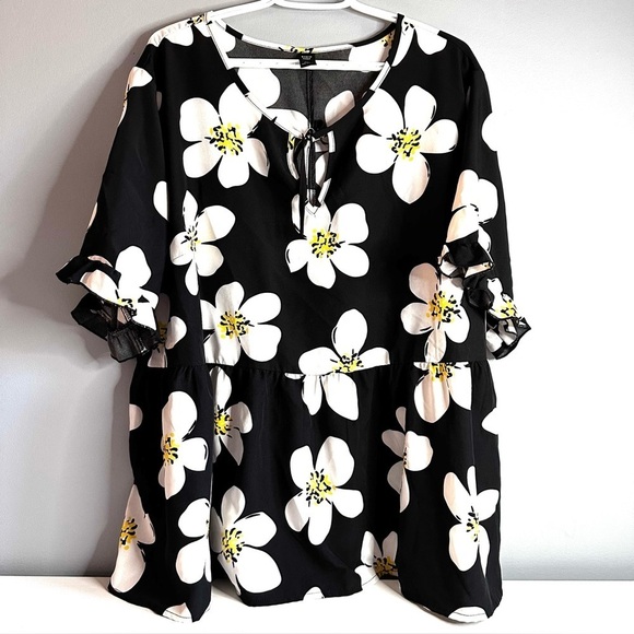 SHEIN Tops - SHEIN Blouse 4XL Black, White, Yellow, Floral, Frill Sleeves, Frill Detail